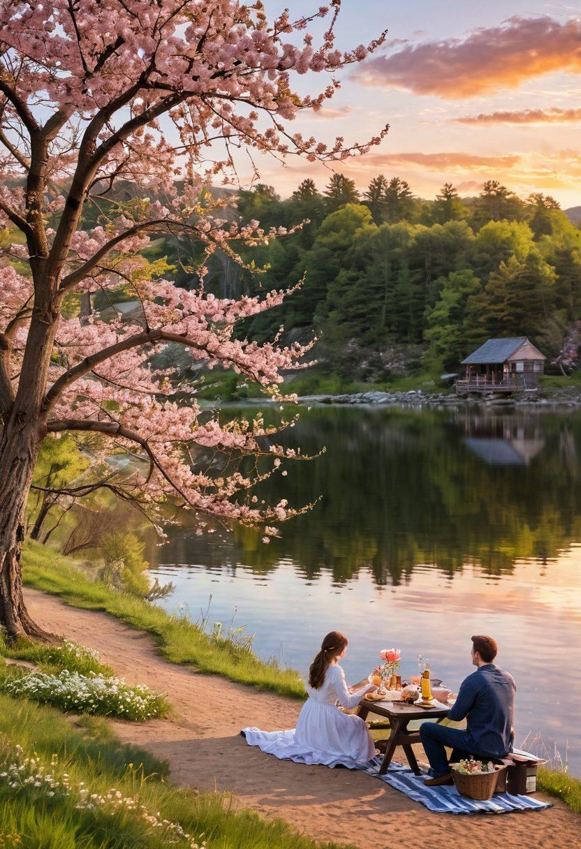 A dreamy lakeside setting in Becker County, featuring a couple enjoying a romantic picnic under a blooming cherry blossom tree, with vibrant wildflowers in full bloom and the sunset casting a warm glow over the scene. In the background, showcase iconic local attractions, like a rustic wooden bridge and a scenic view of the rolling hills. super-realistic. vibrant colors. soft focus.