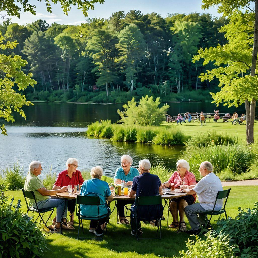 A vibrant community gathering in a scenic Becker County landscape, showcasing diverse people of all ages sharing laughter and warm embraces in the foreground. Lush greenery and a serene lake in the background symbolize connection and love, with soft sunlight filtering through the trees, casting gentle shadows. The scene captures the essence of relationships and unity in a heartfelt moment. super-realistic. vibrant colors. natural setting.